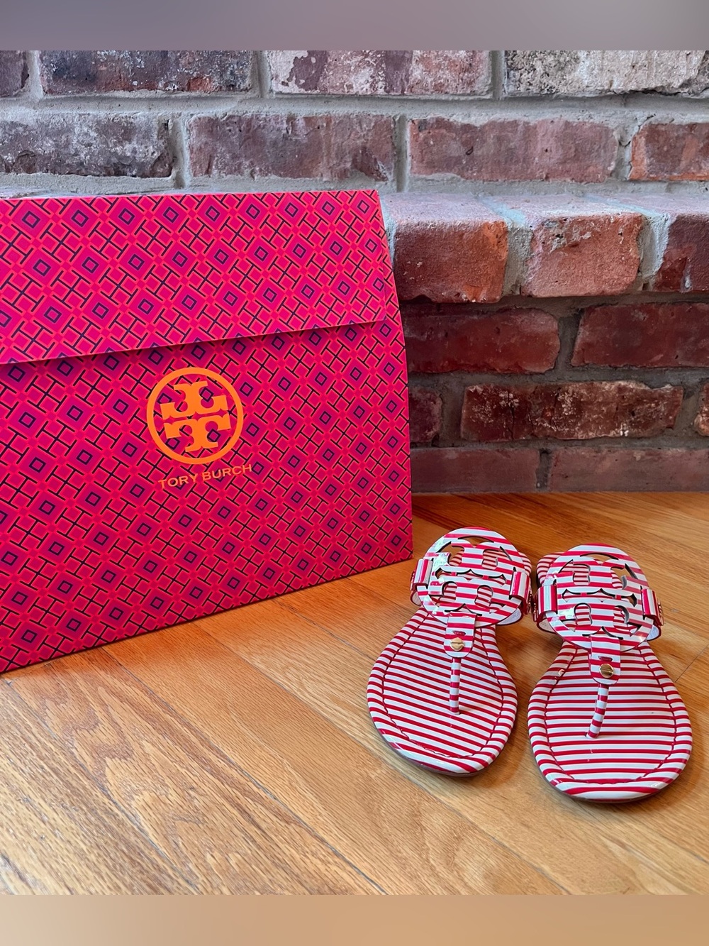Tory Burch Red & White Nautical Stripes Printed Patent Leather Miller Sandals
